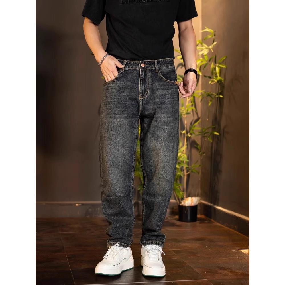 GM新潮 深蓝色宽松微锥牛仔裤男士秋冬新款加绒加厚简约直筒裤子