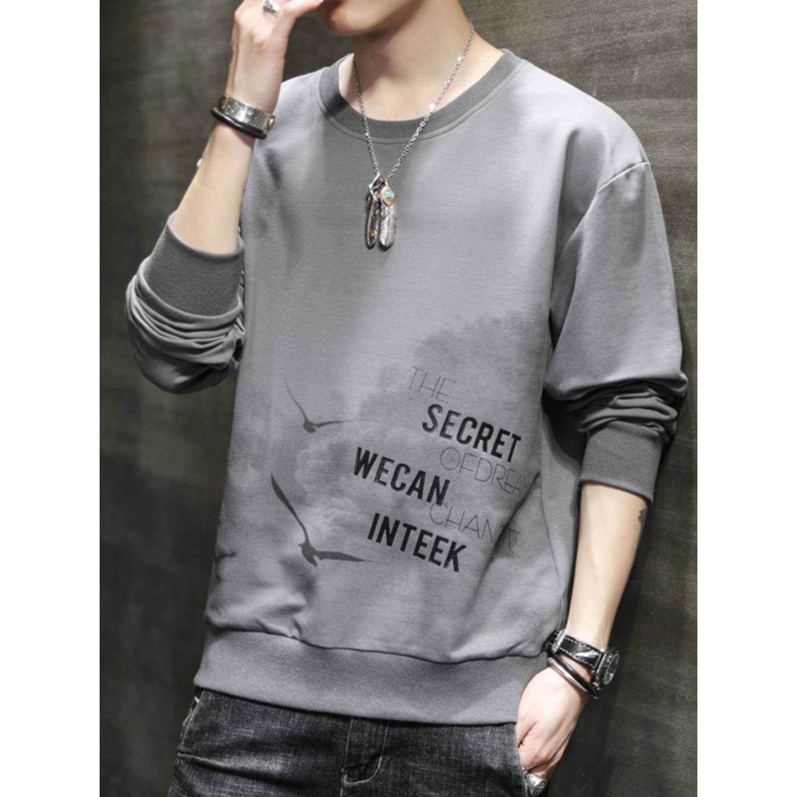 时尚个性印花长袖T恤男春秋2025新款潮流百搭宽松卫衣男内搭上衣