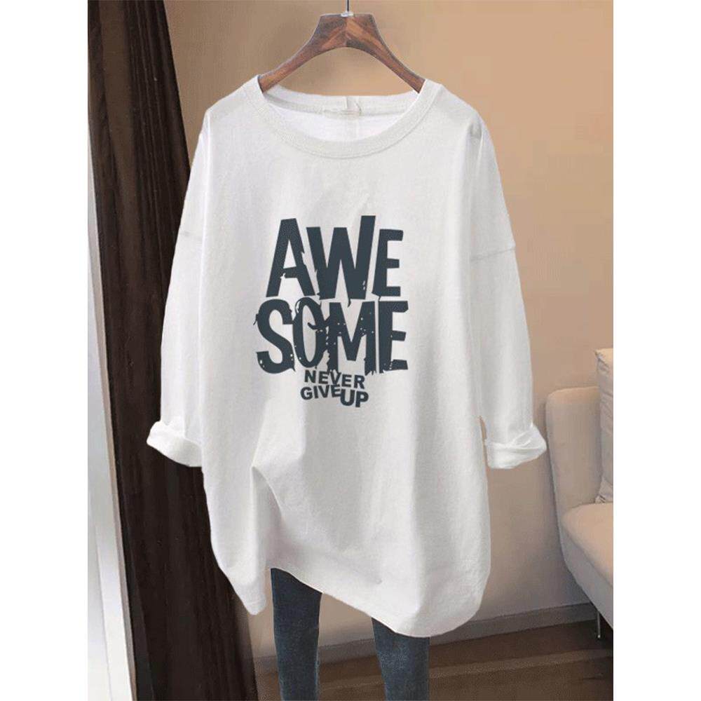 韩国2025遮屁股纯棉长袖t恤女装中长款宽松大码白色上衣春秋冬季