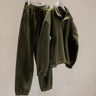 韩国秋冬新款加绒拉炼摇粒绒卫衣女羊羔绒直筒休闲时尚卫裤套装潮