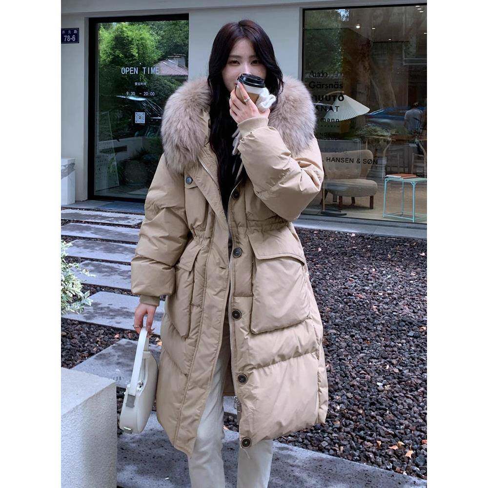 大毛领羽绒服女中长款过膝冬季新款抽绳收腰白鸭绒加厚连帽外套潮