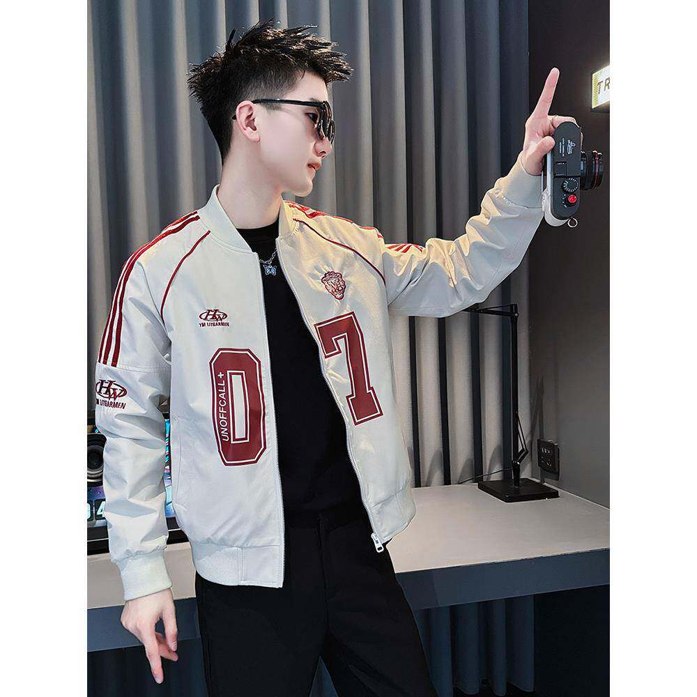 潮牌印花条纹棒球领外套男士秋冬薄款高级感时尚痞帅修身百搭夹克