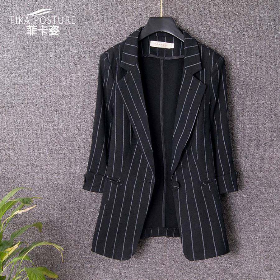 韩国西装女春秋新款气质修身显瘦条纹小香风职业正装西服中长外套