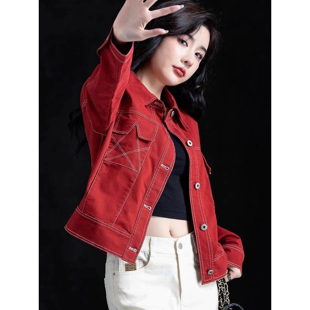 红色牛仔外套女士春秋2025新款港风洋气小个子夹克宽松短款上衣潮,女装/女士精品,短外套,淘宝优惠券,粉丝福利购,淘宝优惠卷