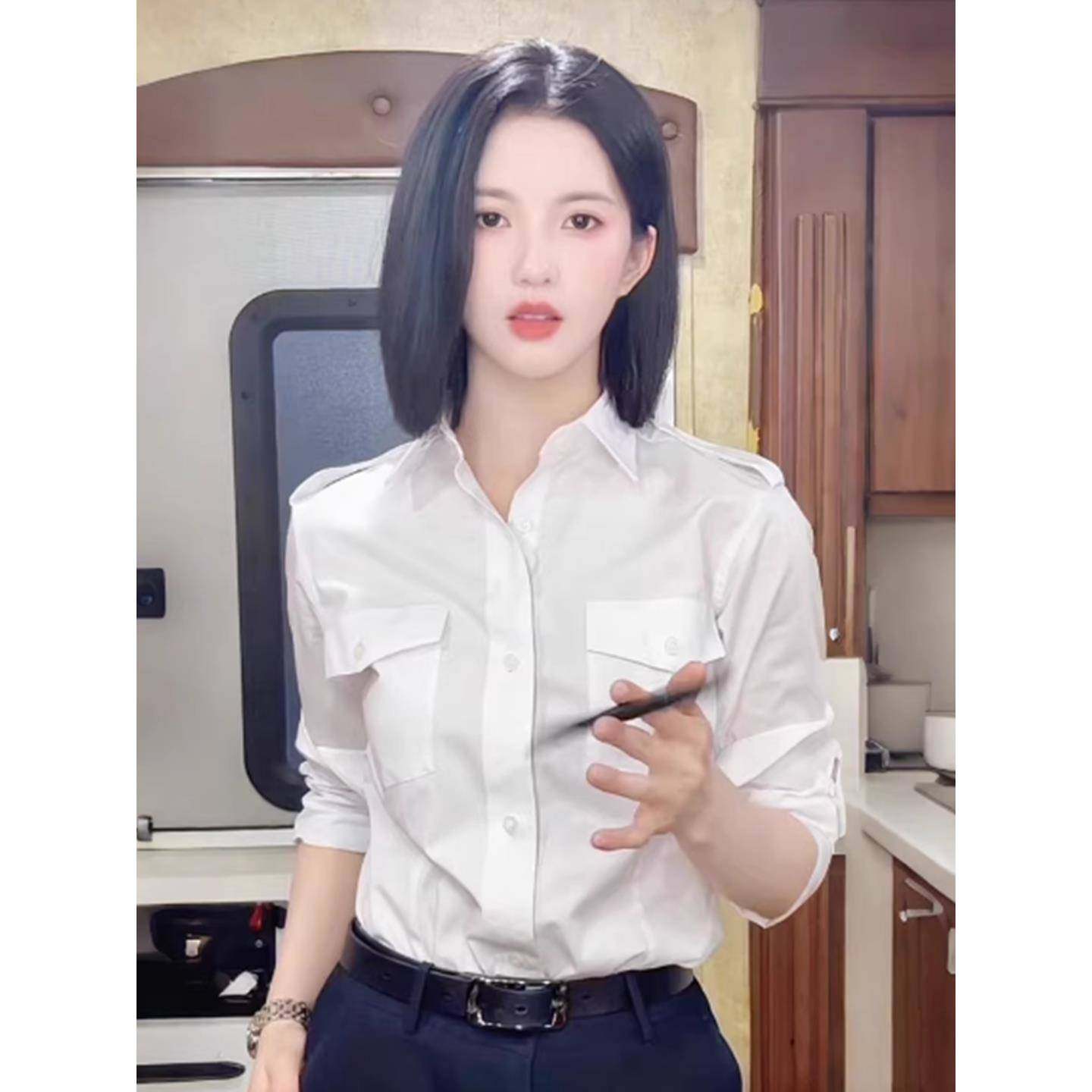 法国刘些宁明星同款白色口袋衬衫女2025秋季新款长袖衬衣显瘦上衣