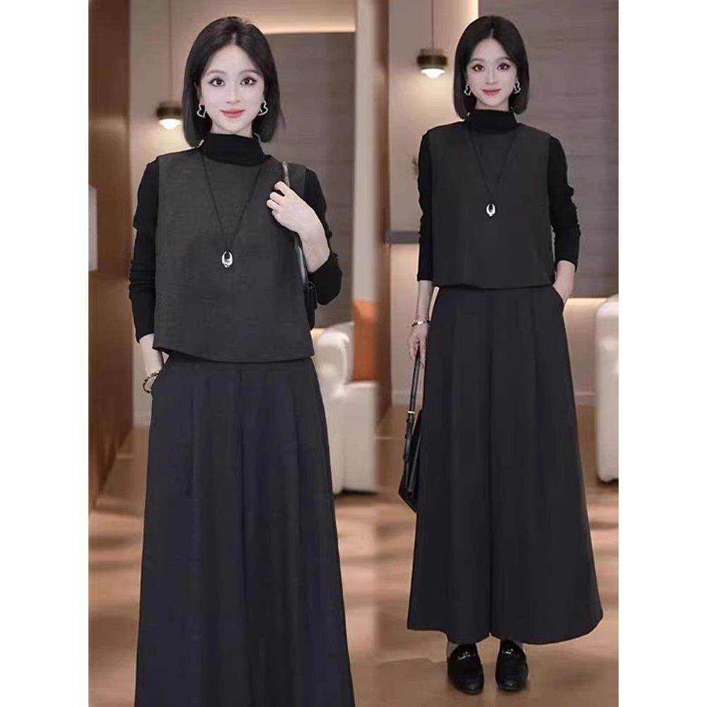 香港代购时尚套装女秋季新款时髦宽松马甲长袖打底衫阔腿裤三件套