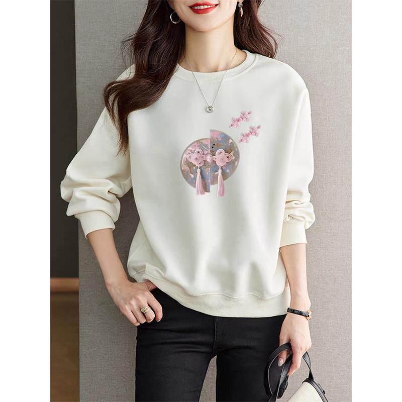 欧洲站中国风白色卫衣女2025年春秋冬季新款加绒加厚宽松圆领T恤