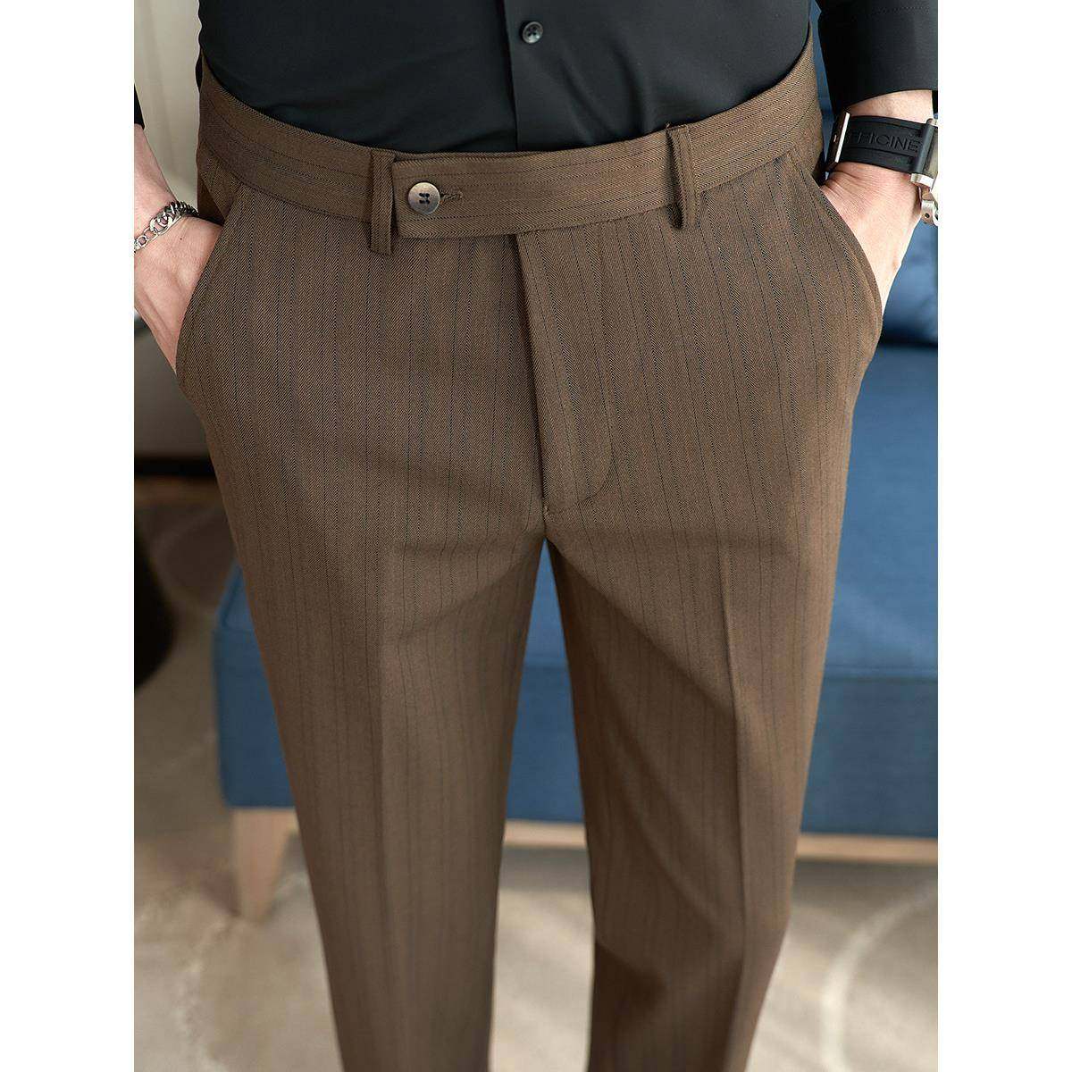 欧洲站条纹西裤男士春秋新款商务休闲韩版修身时尚小脚西装长裤子