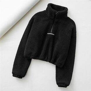 韩国黑色羊羔毛外套女小个子短款秋冬立领抽绳韩版加绒加厚卫衣潮