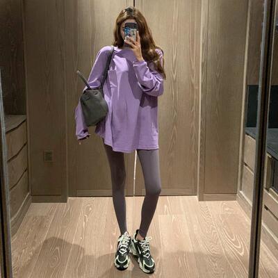 韩国紫色长袖t恤女秋白色叠穿长款内搭上衣宽松遮屁股纯棉打底衫