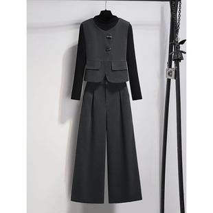 高档轻奢毛呢马甲套装女士秋冬季新款时尚穿搭小个子阔腿裤三件套