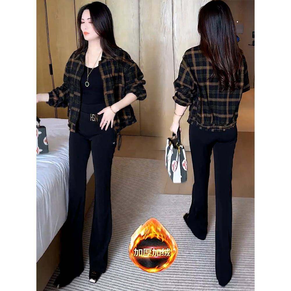 香港代购加绒加厚格子短款外套女冬新款洋气显瘦休闲百搭夹克上衣