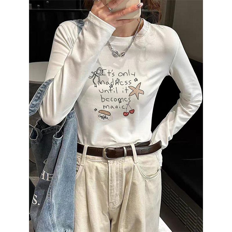 韩国磨毛厚款正肩圆领长袖t恤女小众直筒版型休闲时尚上衣打底衫