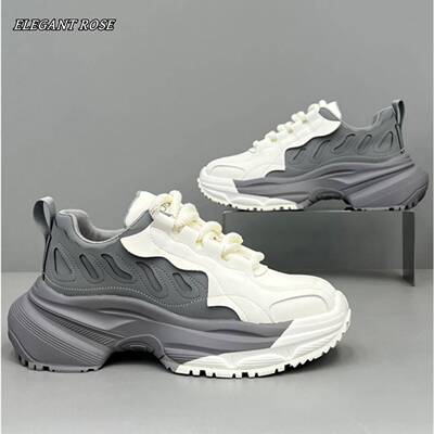 ELEGANT ROSE 男鞋时尚高级感拼色老爹鞋秋季真皮拼接厚底休闲鞋