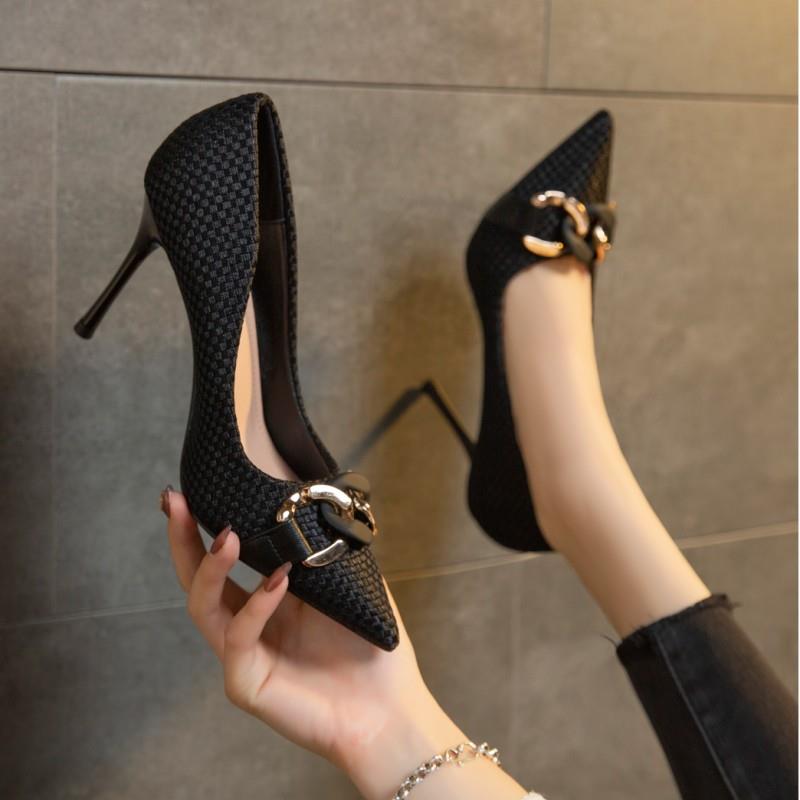 欧美名媛风黑色气质高跟鞋女2024年春秋新款尖头细跟编织透气单鞋