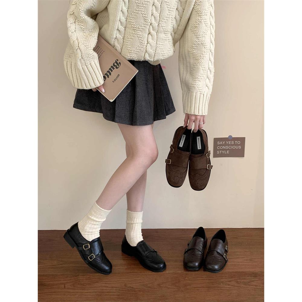 香港英伦风小皮鞋女粗跟2025新款百搭休闲布洛克乐福鞋低跟单鞋子