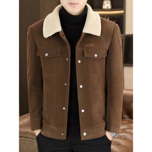 高端羊羔绒外套男秋冬季新款加绒加厚男士修身翻领休闲呢子夹克帅