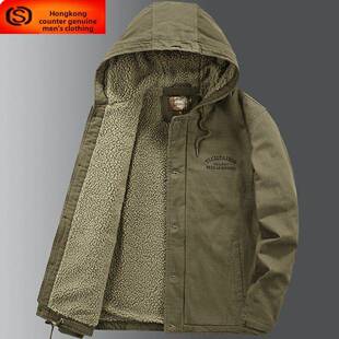 棉衣男款冬季加绒加厚2025新款短款工装连帽棉服羊羔毛绒男士外套