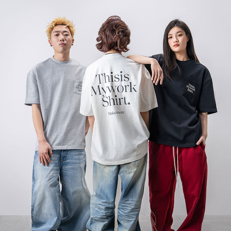Makemore新款口袋work短袖男重磅纯棉圆领高级美式白情侣T恤上衣