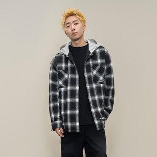 宽松情侣连帽夹克女 撞色刺绣潮流美式 Makemore格子外套男春季 新款