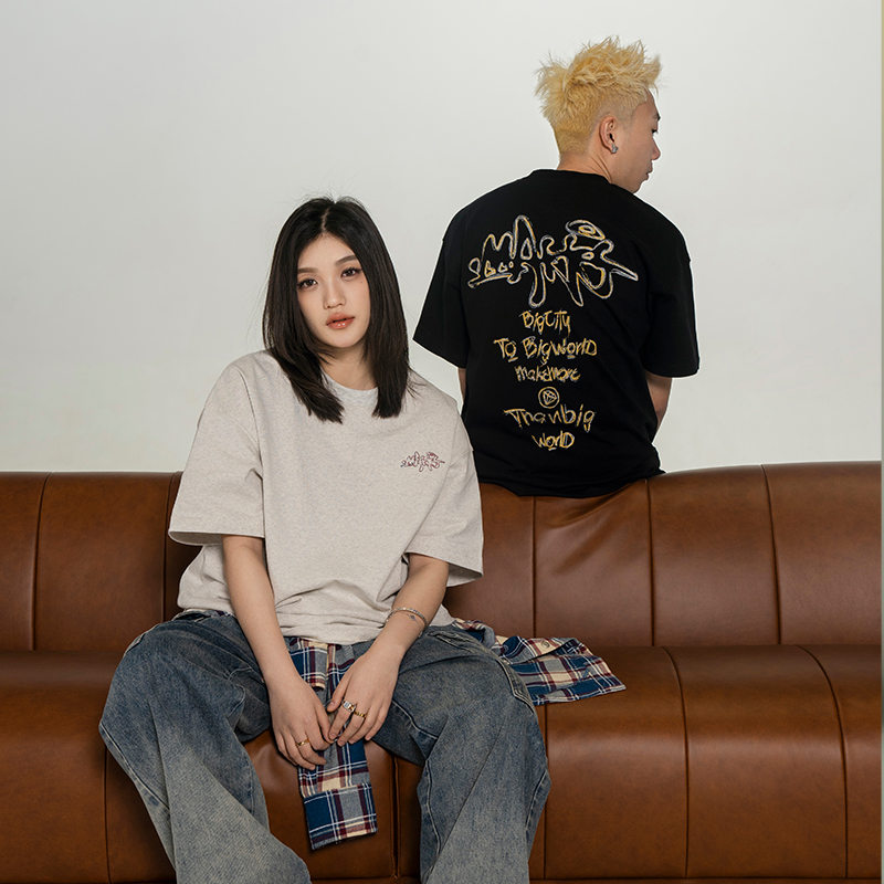 Makemore手绘字母纯棉情侣短袖男