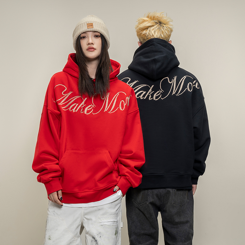 Makemore麻绳刺绣美式连帽卫衣男