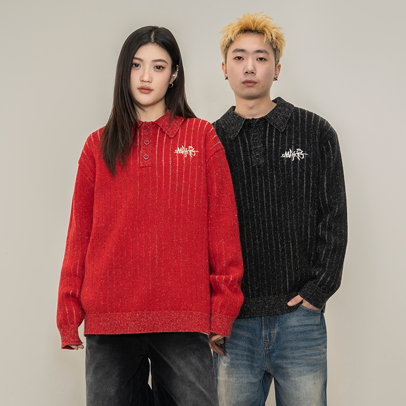 Makemore毛衣男新年款*慵懒坑条POLO红色圣诞风高级情侣针织衫女,男装,针织衫/毛衣,淘宝优惠券,粉丝福利购,淘宝优惠卷