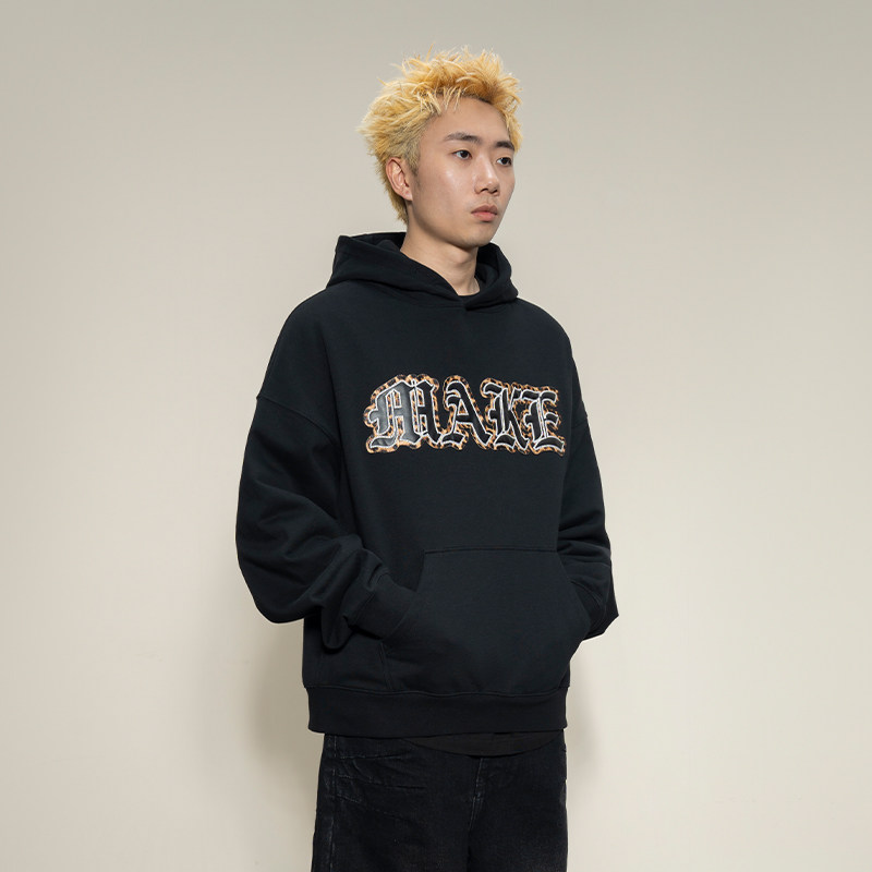 Makemore卫衣男新款*豹纹贴布绣美式重磅黑色高级情侣长袖帽衫女