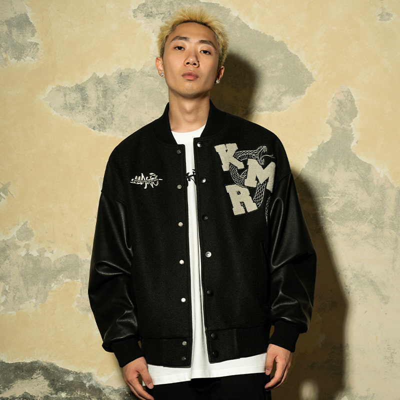 Makemore秋冬刺绣拼皮夹克棒球服
