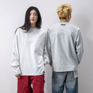 休闲宽松情侣T恤男 立体托底刺绣皮标白色美式 Makemore长袖 男新款