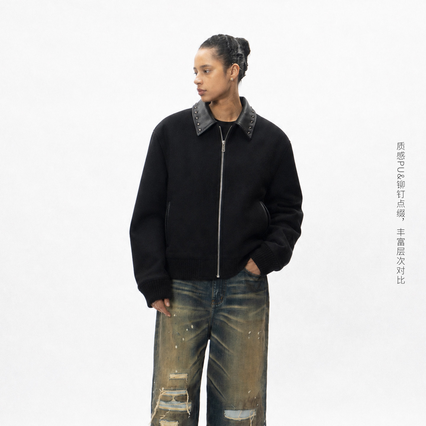 Makemore外套男秋季新款高级铆钉黑色羊毛美式短款毛呢肌理夹克女