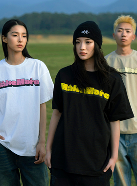 Makemore 短袖T恤男新款玩趣印花白色美式纯棉宽松休闲情侣半袖女