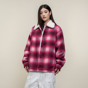 Makemore外套男春季新款可拆卸毛领夹棉刺绣美式粉色格子羊毛棉服