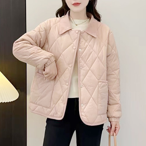 减龄樱花粉轻薄菱格棉服春秋POLO领二棉显瘦棉衣女时尚保暖小棉袄