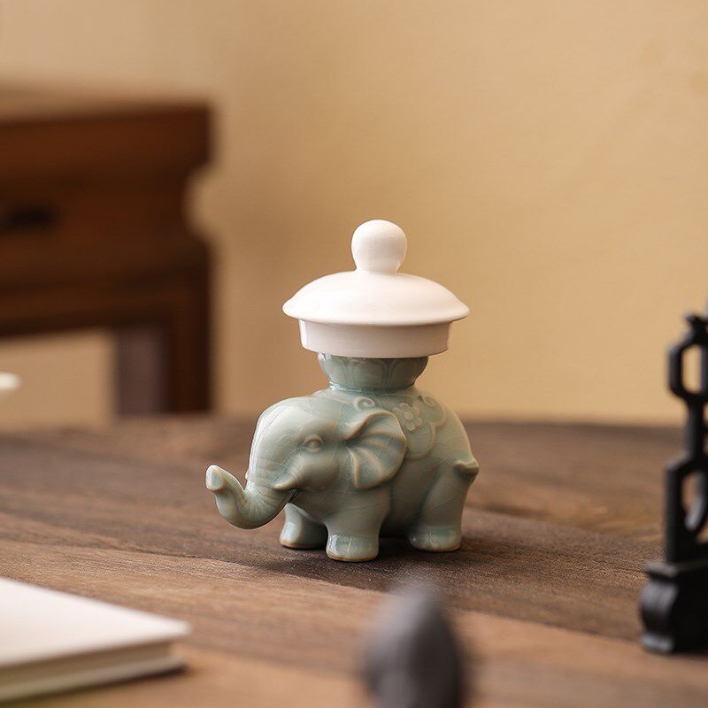 汝窑茶器盖置茶宠摆件陶瓷盖碗紫砂壶盖托精品可养茶配件小象盖置