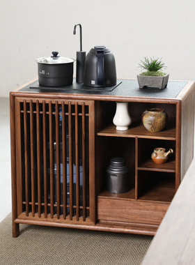 精选璞木新中式茶水柜实木黑胡桃木白蜡木茶水台下置水桶茶边柜烧
