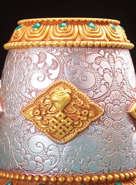 彩绘树脂手摇八吉祥底座转金筒座子锡杖彩绘底座手摇摆件3cm圆孔