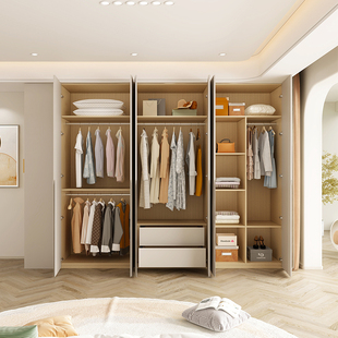 原木风满墙衣柜家用卧室满墙衣帽间带边柜实木衣橱到顶一体整墙