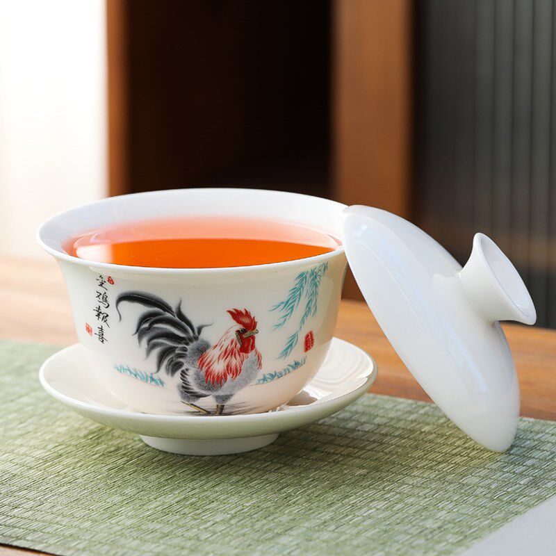 300毫升大号盖碗茶杯普洱泡茶碗三才碗敬茶杯碗金鸡报喜茶碗家用