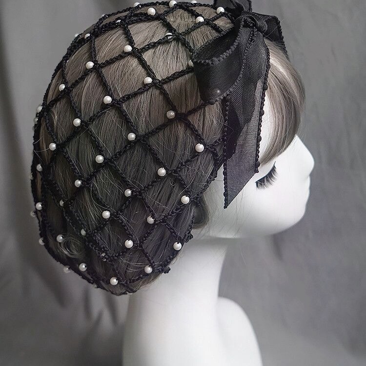 小众欧美复古蝴蝶结珍珠帽兜vintage法式盘发造型发网黑色