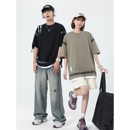 德国喷染重磅纯棉短袖T恤男女潮牌打底衫夏季假两件美式情侣半袖