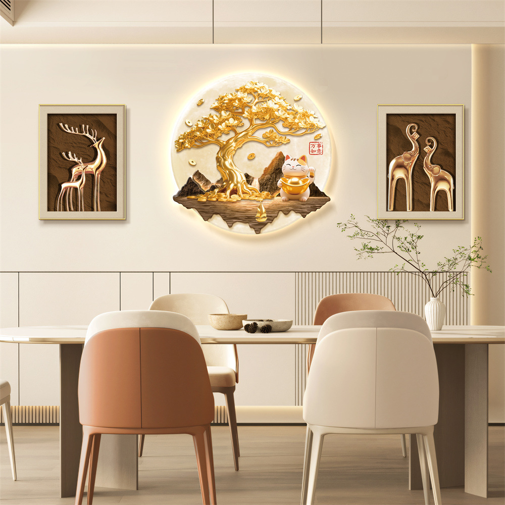 今年新品发财树轻奢新中式装饰画餐厅背景墙寓意好墙壁灯画氛围感图片
