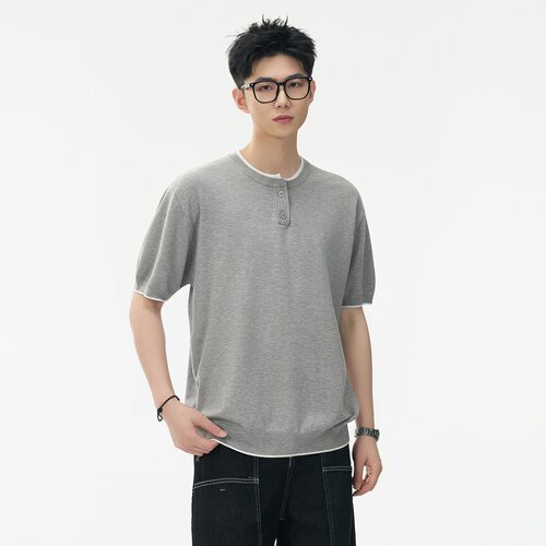 德国夏季新款简约时尚慵懒短袖宽松休闲舒适圆领套头针织T恤浅灰