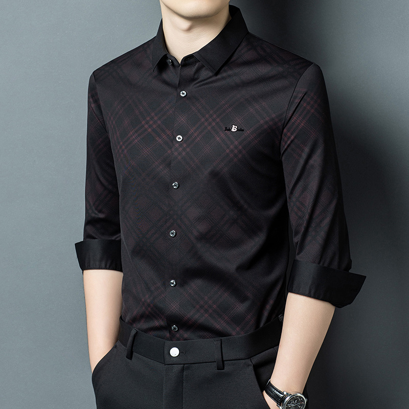 潮牌棉长袖衬衫印花格子新款时尚轻奢商务开衫高级感衬衣男