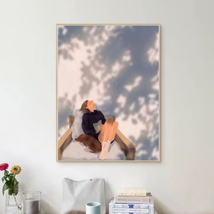 进口新品光影女孩挂画治愈系艺术装饰画温馨卧室床头摆画插画客厅