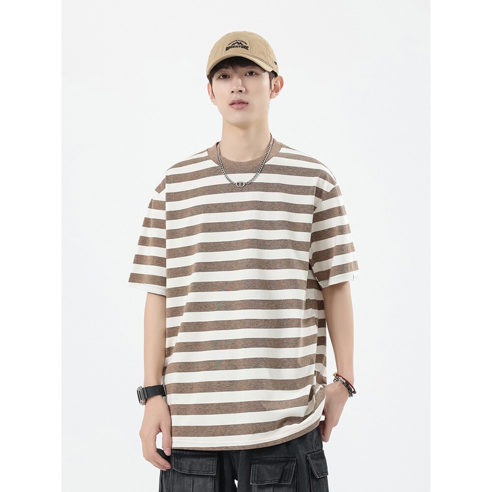 德国条纹短袖T恤男夏季新款宽松圆领情侣海魂衫美式潮牌彩棉体恤