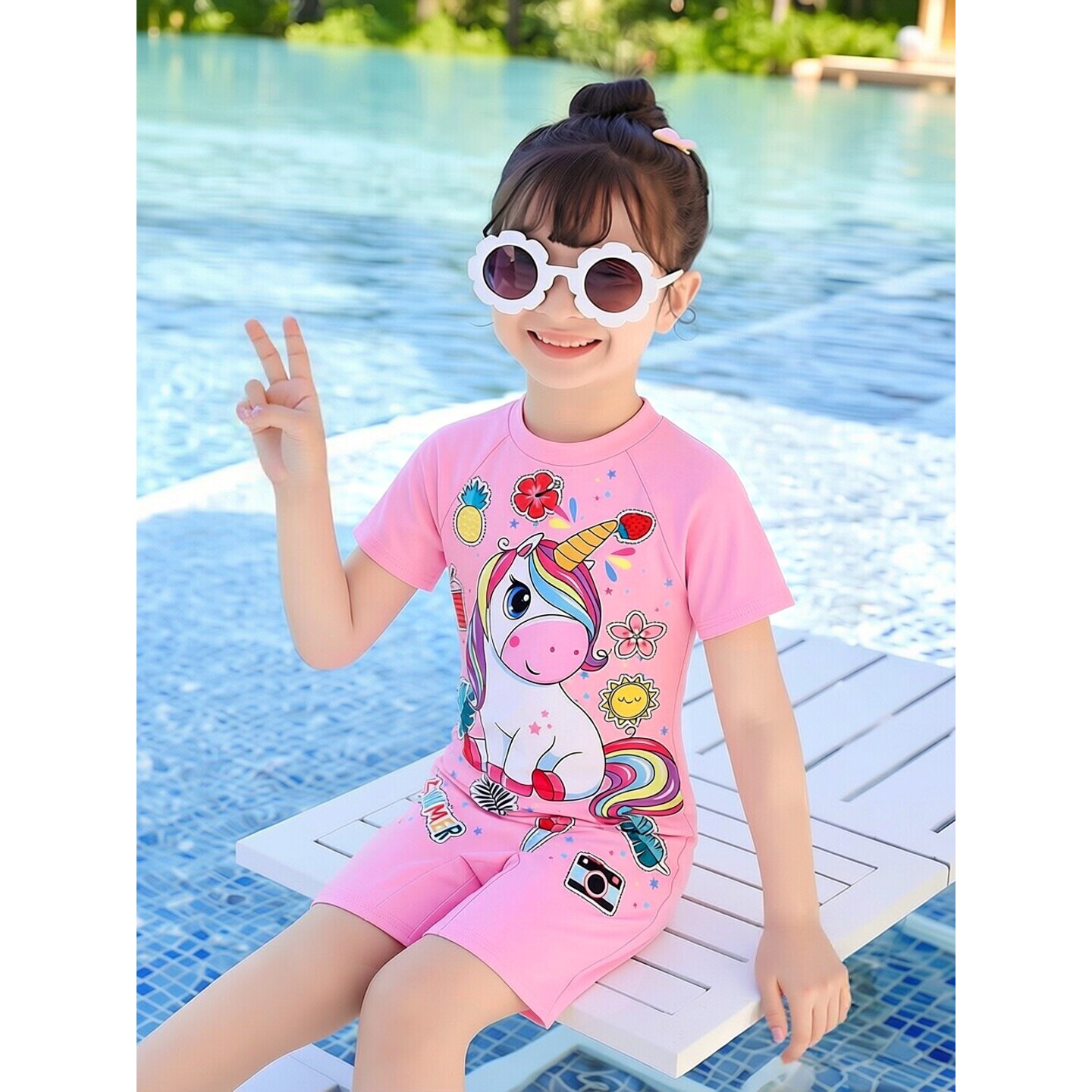 德国儿童泳衣短袖卡通中小童夏季泳游女童连体短袖沙滩套装女孩
