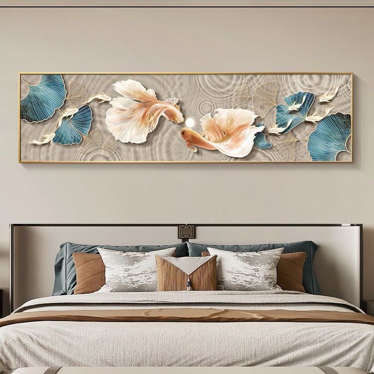 进口新品银杏叶现代轻奢卧室床头挂画九鱼图客厅装饰画锦鲤主卧房图片