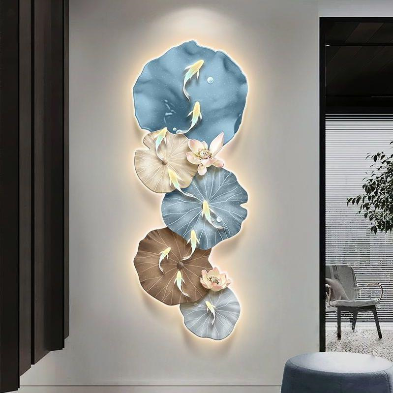 进口新品九鱼图入户玄关装饰画抽象荷叶led灯壁画正对门楼梯走廊图片