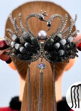 黑色大天鹅流苏扭扭夹后脑勺盘发夹子高级感丸子头饰发卡古典发饰